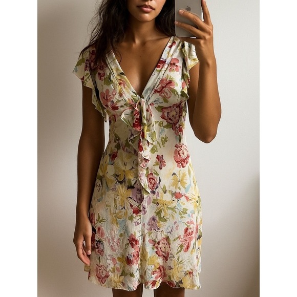MSK Petite Womens Floral Midi Dress 10P Ruffle Flutter Sleeve Wedding‎ Fairy Y2K - Picture 1 of 7